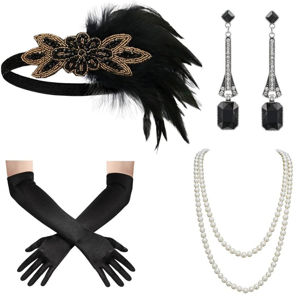 1920s Gatsby Accessories Set Flapper Headband Earrings Pearl Necklace Gloves Wom